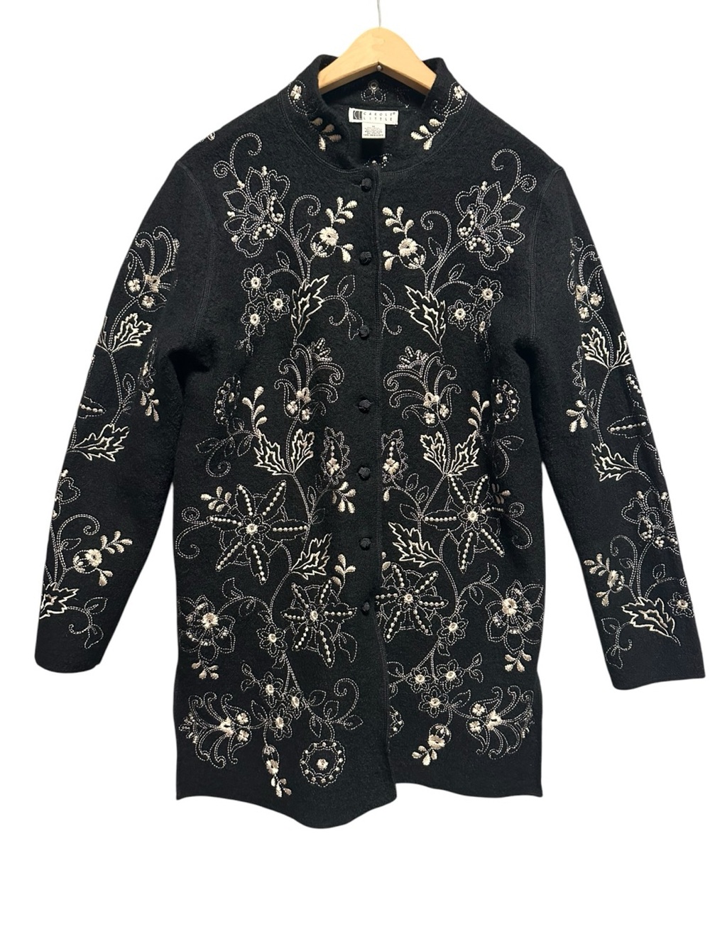 Carole Little Black Embroidered 100% Wool Sweater Jacket M Floral Folk Art Fall